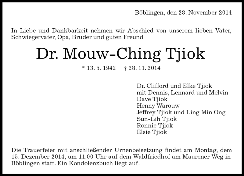  Traueranzeige für Mouw-Ching Tjiok vom 05.12.2014 aus Kreiszeitung Böblinger Bote