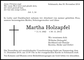 Traueranzeige von Martha Holzapfel von Kreiszeitung Böblinger Bote