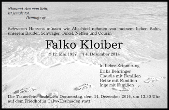 Traueranzeige von Falko Kloiber von Kreiszeitung Böblinger Bote