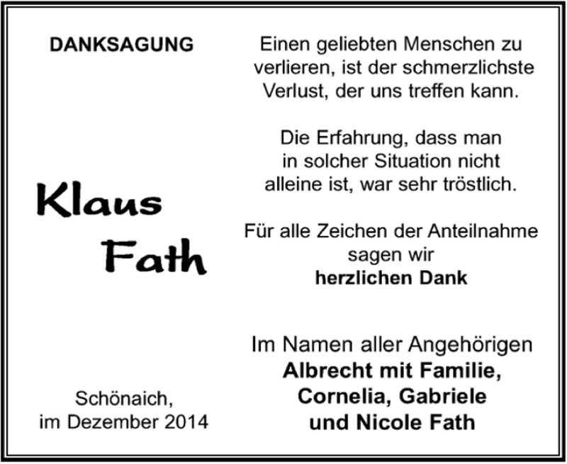  Traueranzeige für Klaus Fath vom 11.12.2014 aus Kreiszeitung Böblinger Bote