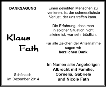 Traueranzeige von Klaus Fath von Kreiszeitung Böblinger Bote