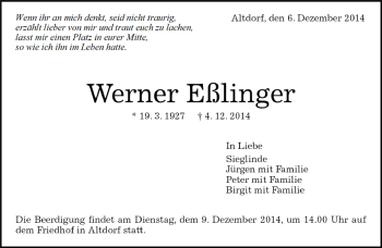 Traueranzeige von Werner Eßlinger von Kreiszeitung Böblinger Bote