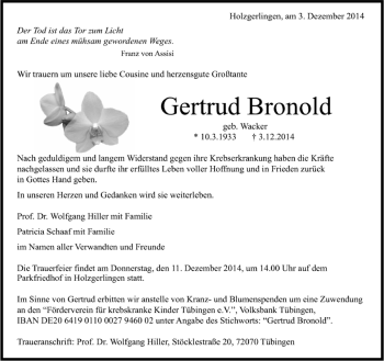 Traueranzeige von Gertrud Br-onold von Kreiszeitung Böblinger Bote