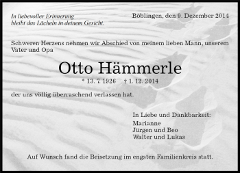Traueranzeige von Otto HÃmmerle von Kreiszeitung Böblinger Bote