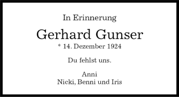 Traueranzeige von Gerhard Gunser von Kreiszeitung Böblinger Bote
