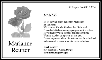 Traueranzeige von Marianne Reutter von Kreiszeitung Böblinger Bote