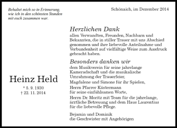 Traueranzeige von Heinz Held von Kreiszeitung Böblinger Bote