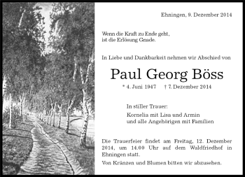 Traueranzeige von Paul Georg Böss von Kreiszeitung Böblinger Bote