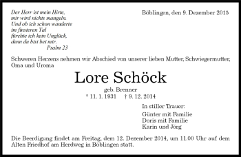 Traueranzeige von Lore Schöck von Kreiszeitung Böblinger Bote