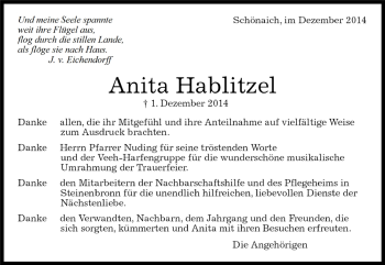 Traueranzeige von Anita Hablitzel von Kreiszeitung Böblinger Bote
