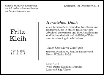 Traueranzeige von Fritz Kleih von Kreiszeitung Böblinger Bote