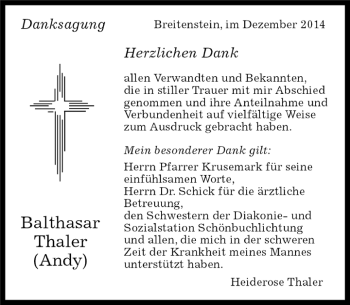 Traueranzeige von Balthasar Thaler von Kreiszeitung Böblinger Bote