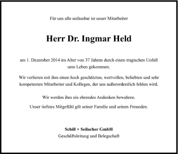 Traueranzeige von Ingmar Held von Kreiszeitung Böblinger Bote