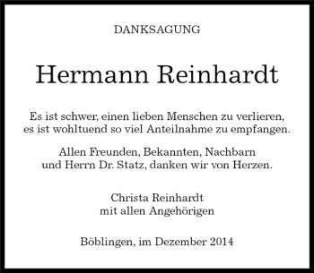 Traueranzeige von Hermann Reinhardt von Kreiszeitung Böblinger Bote