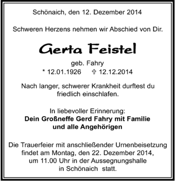 Traueranzeige von Gerta Feistel von Kreiszeitung Böblinger Bote