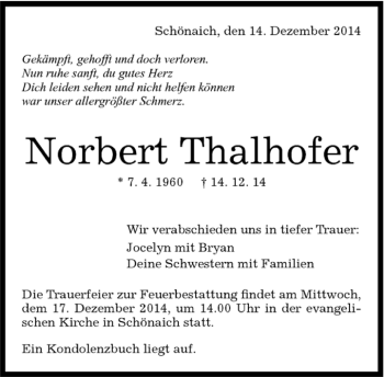 Traueranzeige von Norbert Thalhofer von Kreiszeitung Böblinger Bote