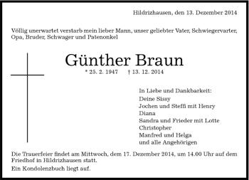 Traueranzeige von Günther Braun von Kreiszeitung Böblinger Bote