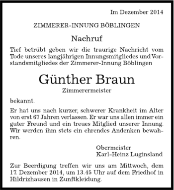 Traueranzeige von Günther Braun von Kreiszeitung Böblinger Bote
