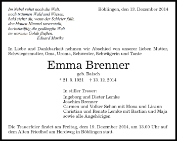 Traueranzeige von Emma Brenner von Kreiszeitung Böblinger Bote