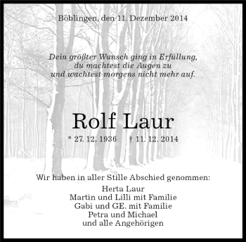 Traueranzeige von Rolf Laur von Kreiszeitung Böblinger Bote