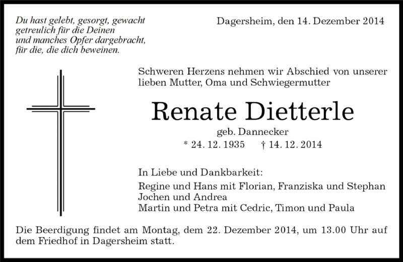  Traueranzeige für Renate Dietterle vom 17.12.2014 aus Kreiszeitung Böblinger Bote