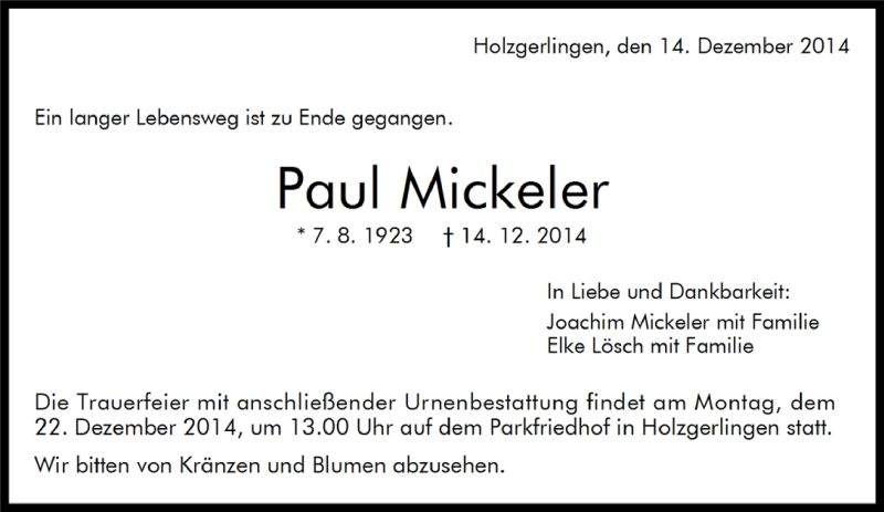  Traueranzeige für Paul Mickeler vom 17.12.2014 aus Kreiszeitung Böblinger Bote