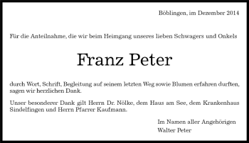 Traueranzeige von Franz Peter von Kreiszeitung Böblinger Bote