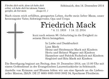 Traueranzeige von Friedrich Mack von Kreiszeitung Böblinger Bote