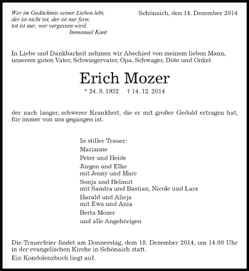 Traueranzeige von Erich Mozer von Kreiszeitung Böblinger Bote