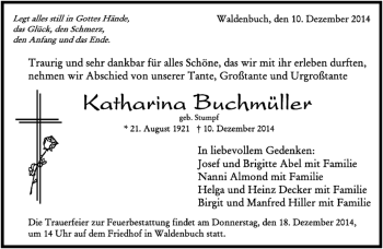 Traueranzeige von Katharina Buchmüller von Kreiszeitung Böblinger Bote