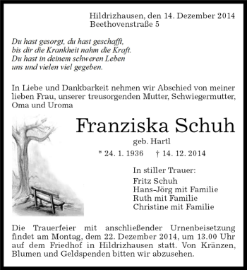 Traueranzeige von Franziska Schuh von Kreiszeitung Böblinger Bote