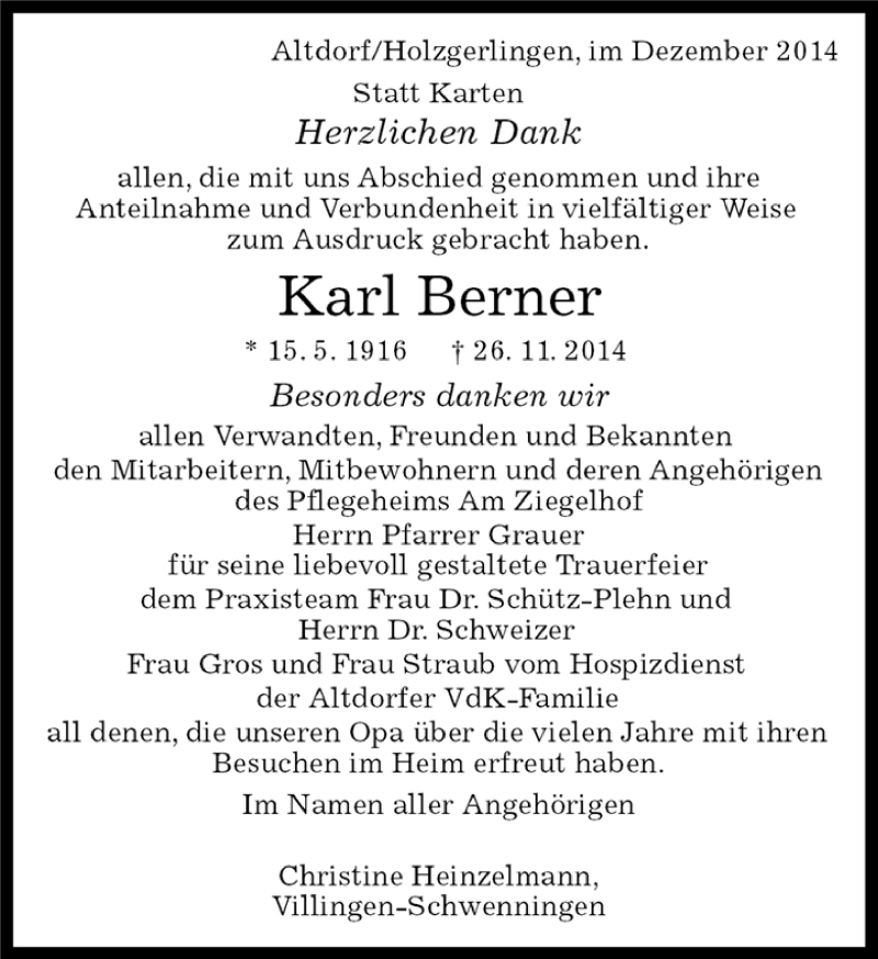 Traueranzeige für Karl Berner vom 19.12.2014 aus Kreiszeitung Böblinger Bote