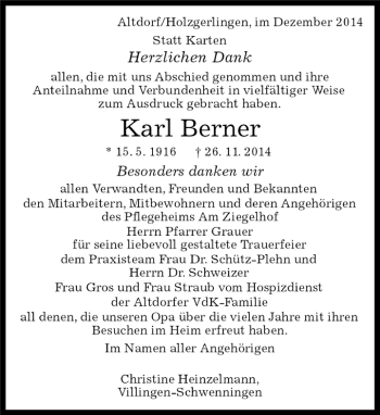 Traueranzeige von Karl Berner von Kreiszeitung Böblinger Bote