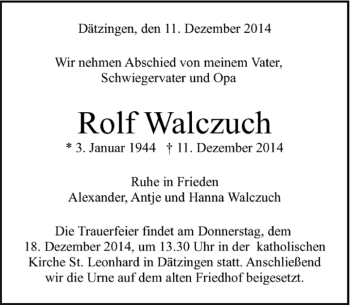 Traueranzeige von Rolf Walczuch von Kreiszeitung Böblinger Bote
