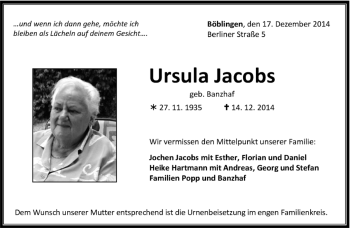 Traueranzeige von Ursula Jacobs von Kreiszeitung Böblinger Bote