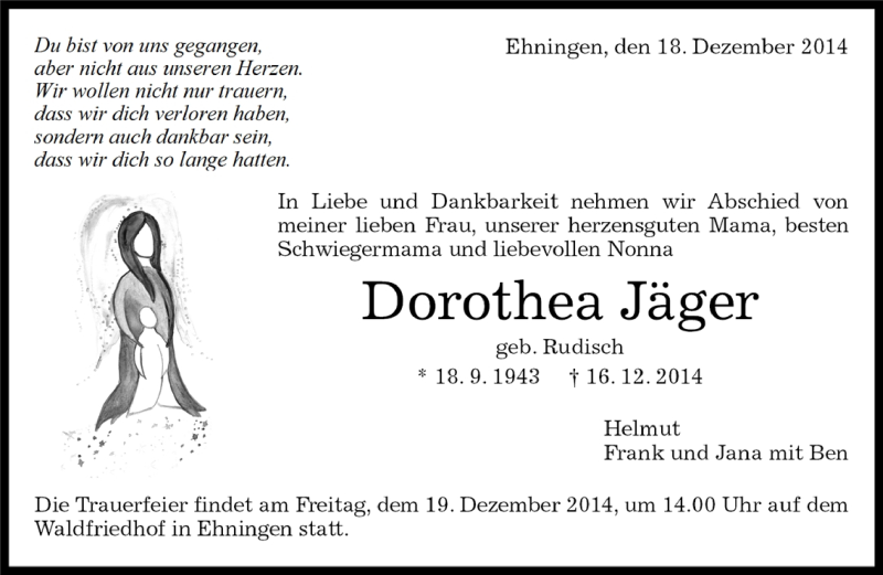  Traueranzeige für Dorothea Jäger vom 18.12.2014 aus Kreiszeitung Böblinger Bote