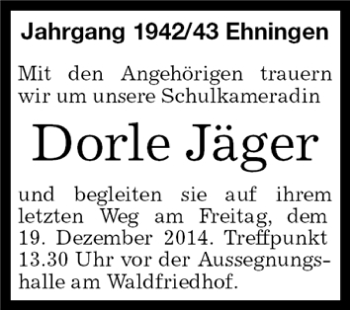 Traueranzeige von Dorle Jäger von Kreiszeitung Böblinger Bote