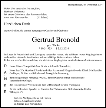 Traueranzeige von Gertrud Bronold von Kreiszeitung Böblinger Bote