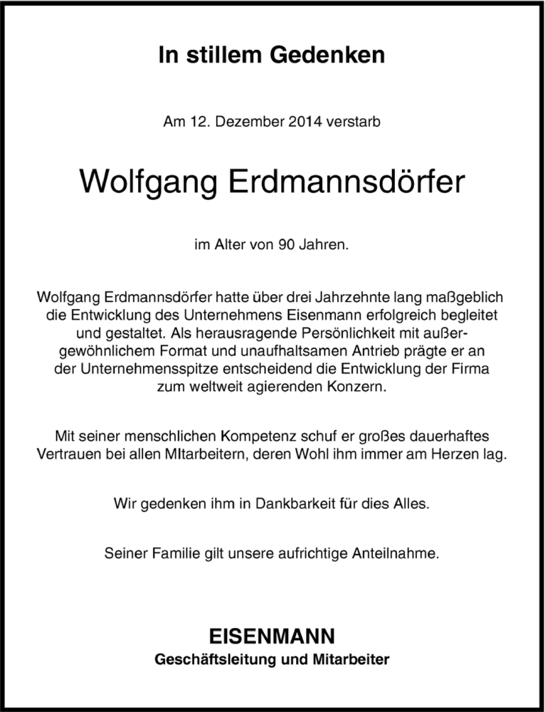  Traueranzeige für Wolfgang Erdmannsdörfer vom 20.12.2014 aus Kreiszeitung Böblinger Bote