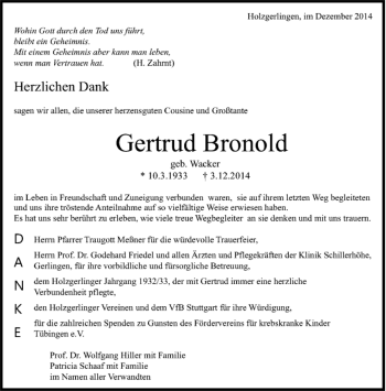 Traueranzeige von Gertrud Bronold von Kreiszeitung Böblinger Bote