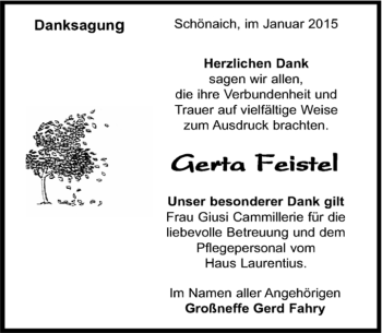 Traueranzeige von Gerta Feistel von Kreiszeitung Böblinger Bote