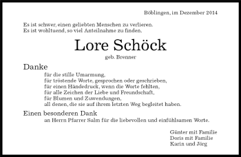 Traueranzeige von Lore Schöck von Kreiszeitung Böblinger Bote
