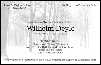 Traueranzeige von Wilhelm Deyle von Kreiszeitung Böblinger Bote