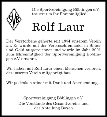 Traueranzeige von Rolf Laur von Kreiszeitung Böblinger Bote