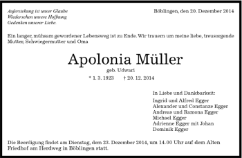 Traueranzeige von Apolonia Müller von Kreiszeitung Böblinger Bote