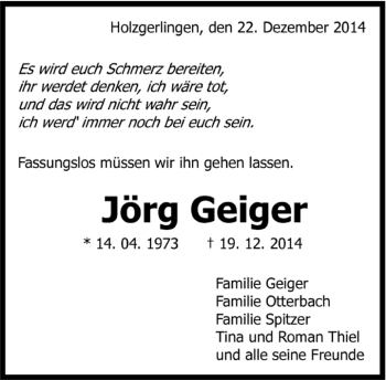 Traueranzeige von Jörg Geiger von Kreiszeitung Böblinger Bote