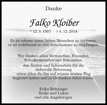 Traueranzeige von Falko Kloiber von Kreiszeitung Böblinger Bote