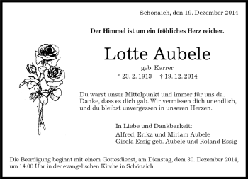 Traueranzeige von Lotte Aubele von Kreiszeitung Böblinger Bote