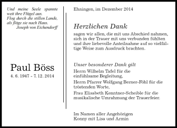 Traueranzeige von Paul Böss von Kreiszeitung Böblinger Bote