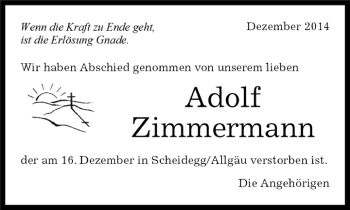 Traueranzeige von Adolf Zimmermann von Kreiszeitung Böblinger Bote